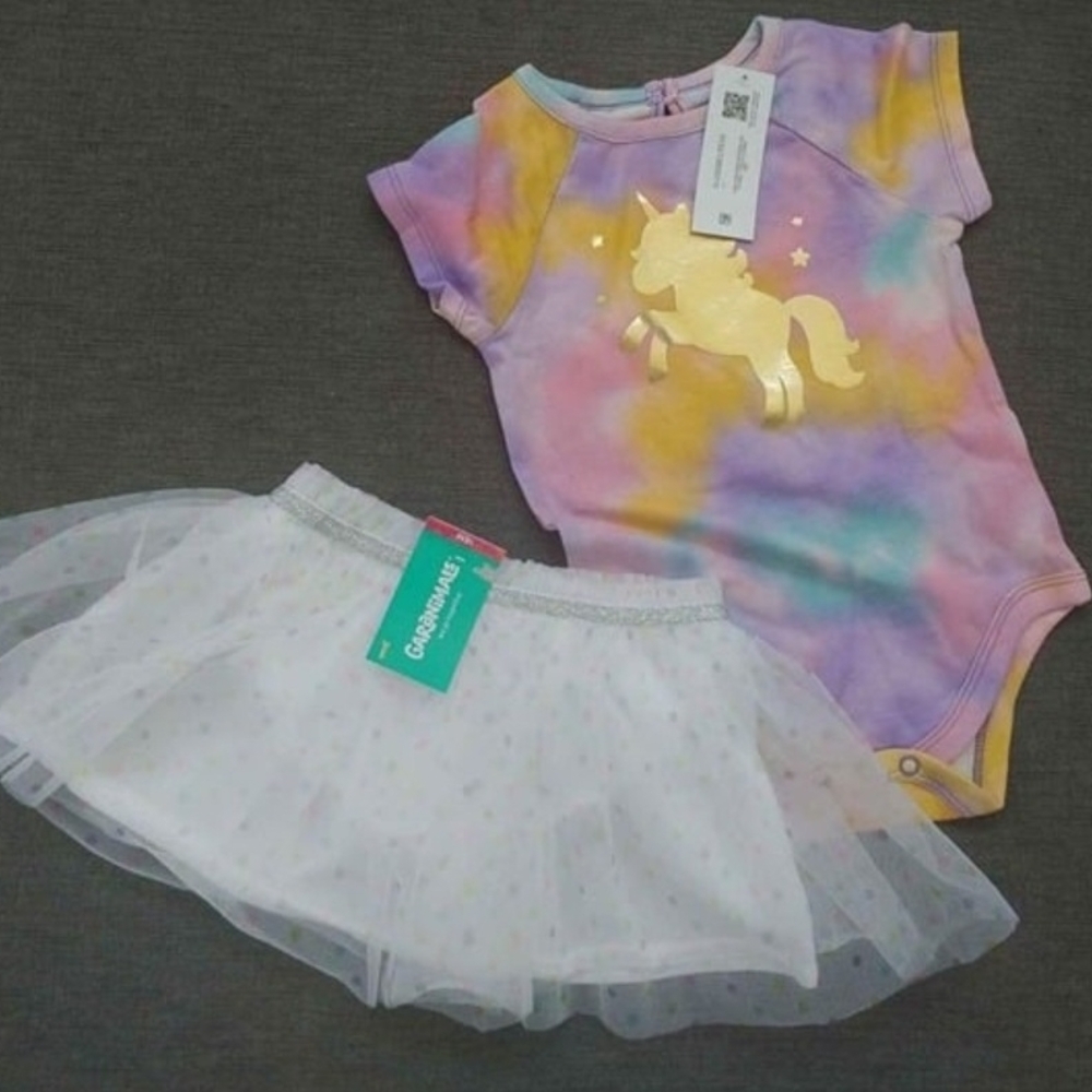 Tie-Dye Unicorn Bodysuit and White Polkadot Tulle Skirt